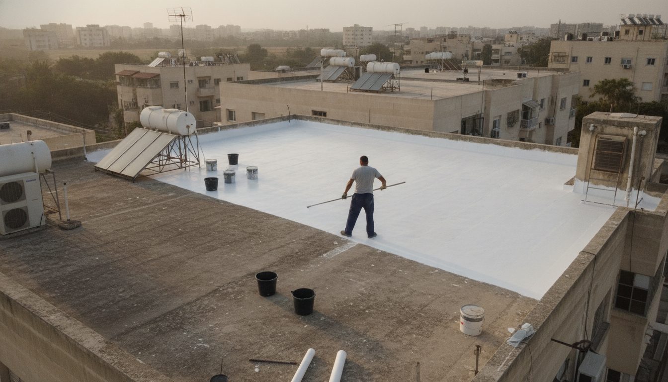 גג בטון שטוח מצופה בשכבה לבנה אחידה, גלגלת ודלי חומר בקדמת התמונה