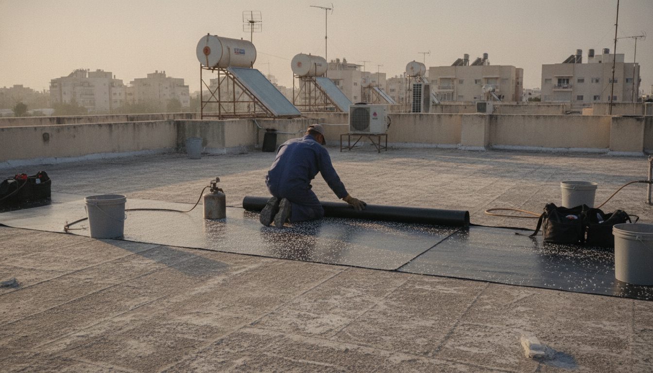 גליל יריעה ביטומנית פרוס על גג בטון, קצה חופף על היריעה הסמוכה