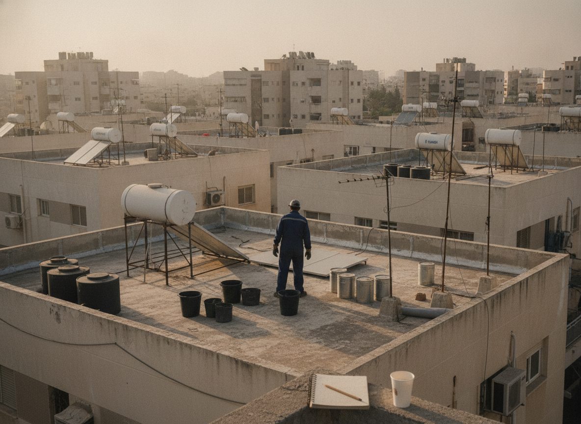 גג בטון שטוח עם מרזב מרכזי וסימני מים שנותרו אחרי גשם