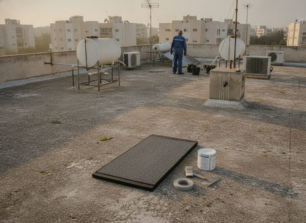 קצה גג בטון שטוח שבו נראות שכבות איטום שונות זו לצד זו, יריעה כהה וציפוי לבן