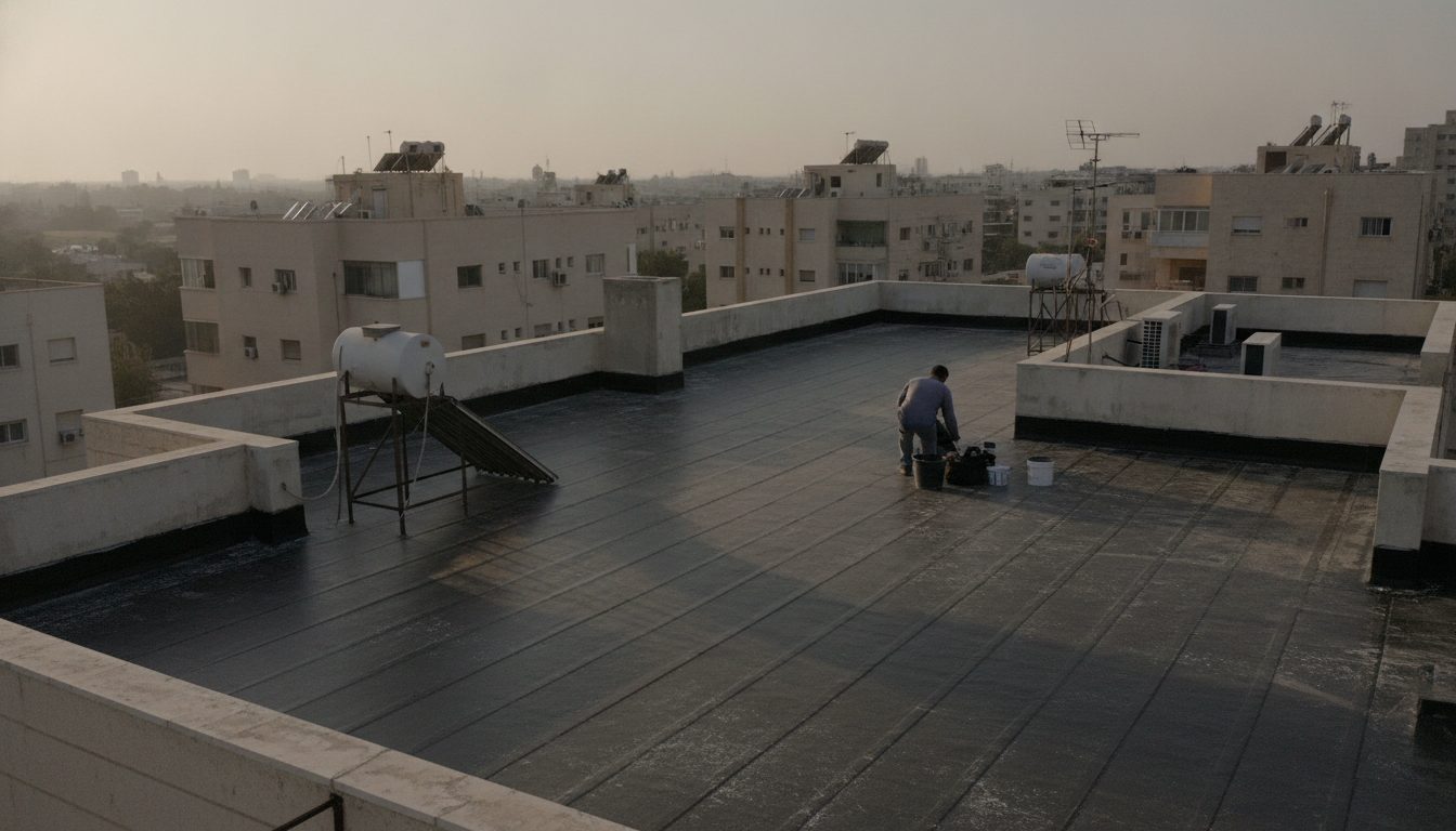 גג בטון שטוח באמצע עבודת איטום, חלקו מכוסה בשכבה חדשה וחלקו תשתית חשופה