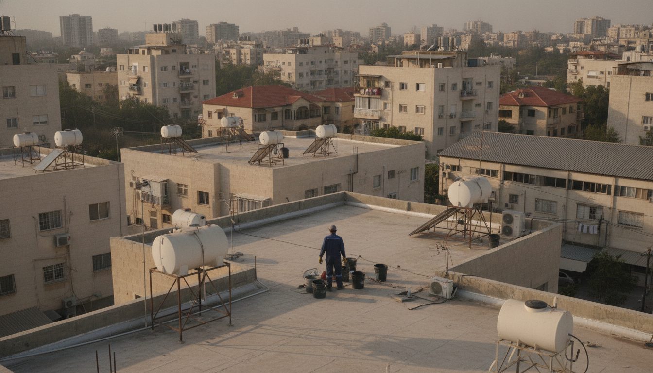 גג בטון שטוח עם דוד שמש על רגליים, אנטנה ומעקה בטון מסביב